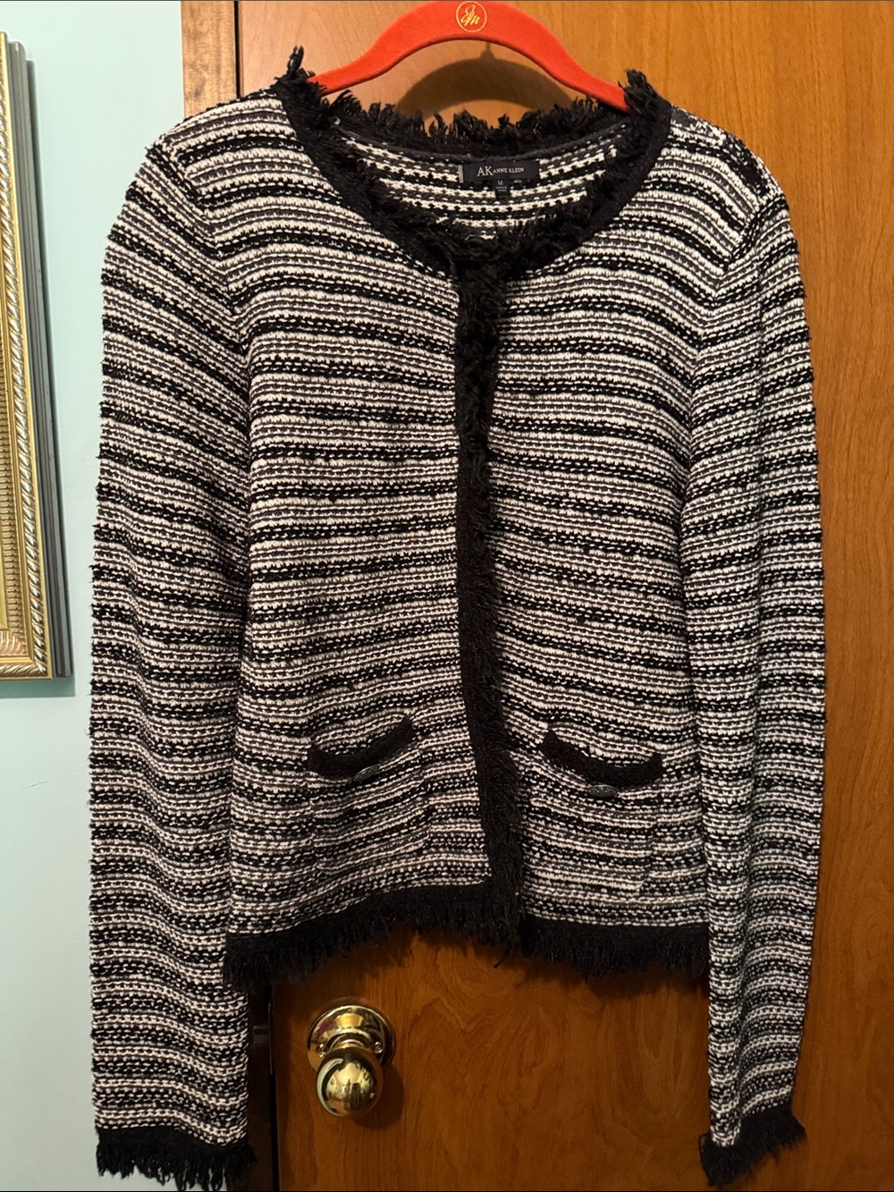 Anne Klein Black and White Striped Bouclรฉ Fringe Cardigan